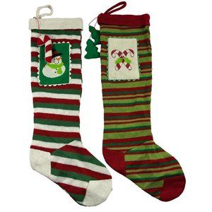 Lot of 2 Knit Christmas Stockings Snowman Candy Cane Red Green Knit 22.5"